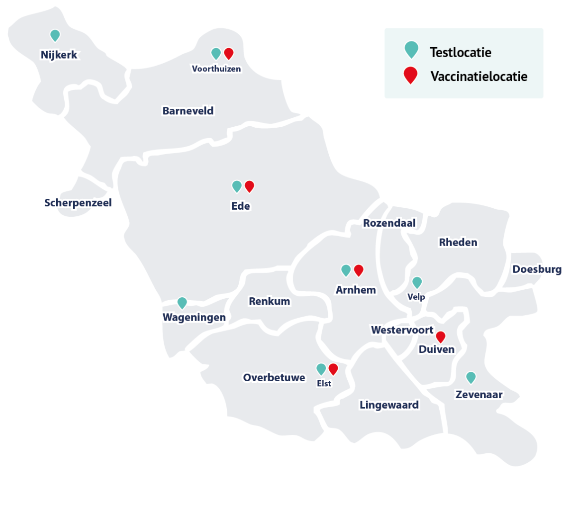Regiokaart vaccinatie en test locaties GGD Gelderland-Midden